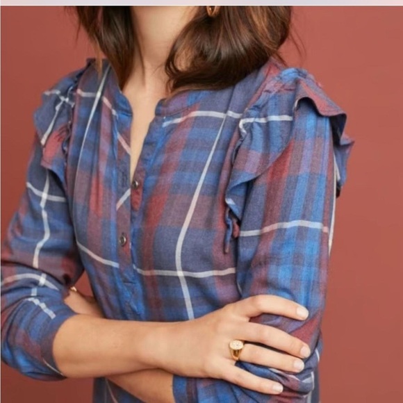 Anthropologie Blue and Red Plaid Long Sleeve ruffle Dress - Picture 2 of 7